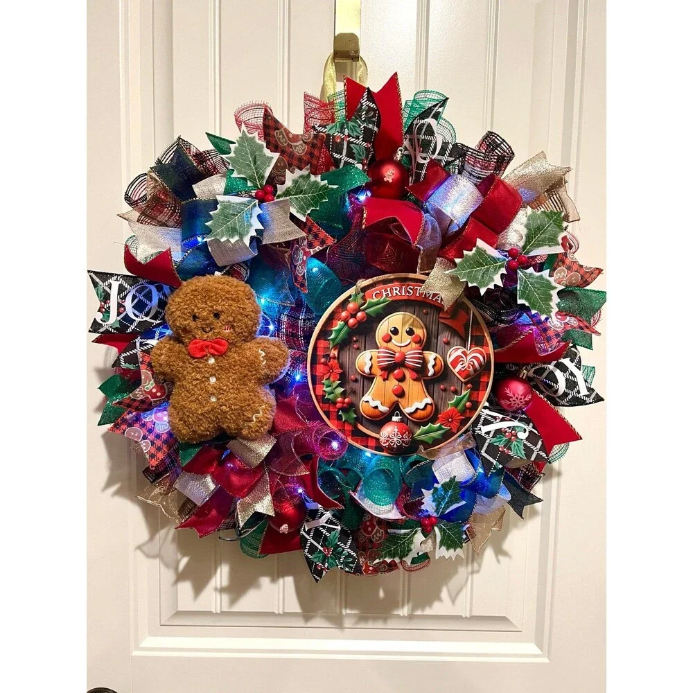 Handmade Christmas Gingerbread Holiday Ribbon Door Wreath 22 ins W79